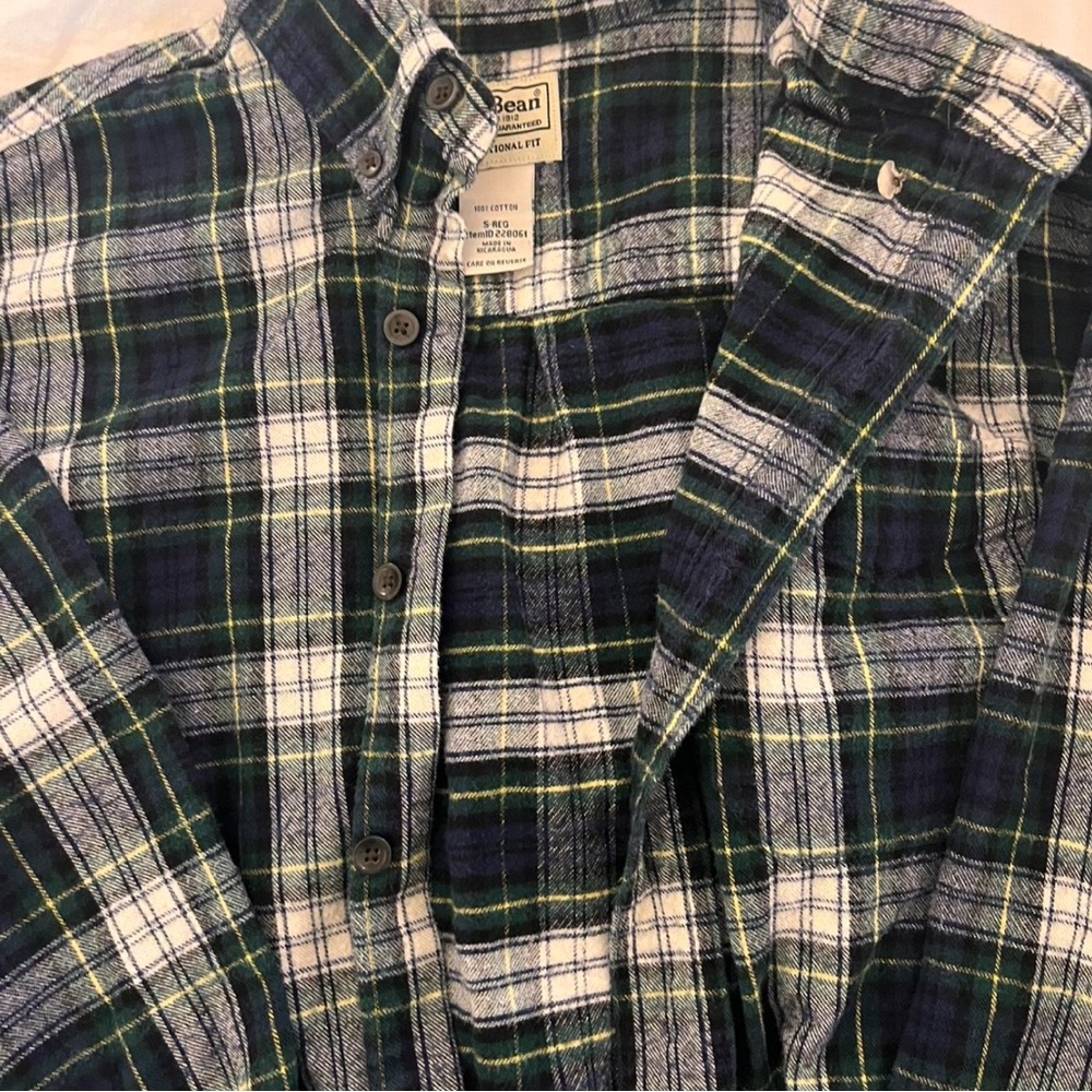 L.L. Bean Men’s Navy, Green & White Plaid Button-Down Shirt